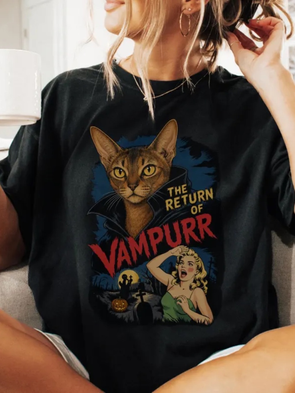 Black Vampurr Graphic Cat Tee with Red & Gold Print